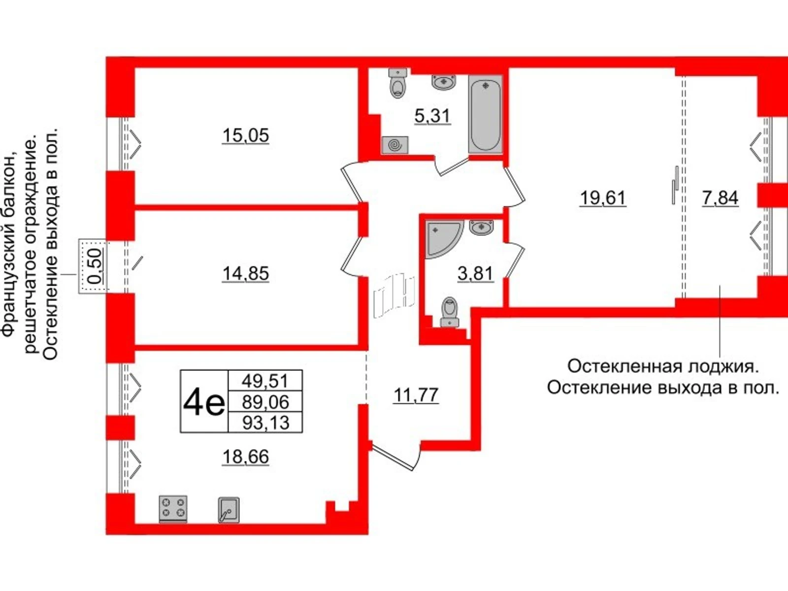 Планировка 4-комнатная 89,1 м² в жилом комплексе «Imperial Club» — Жилой комплекс Imperial Club