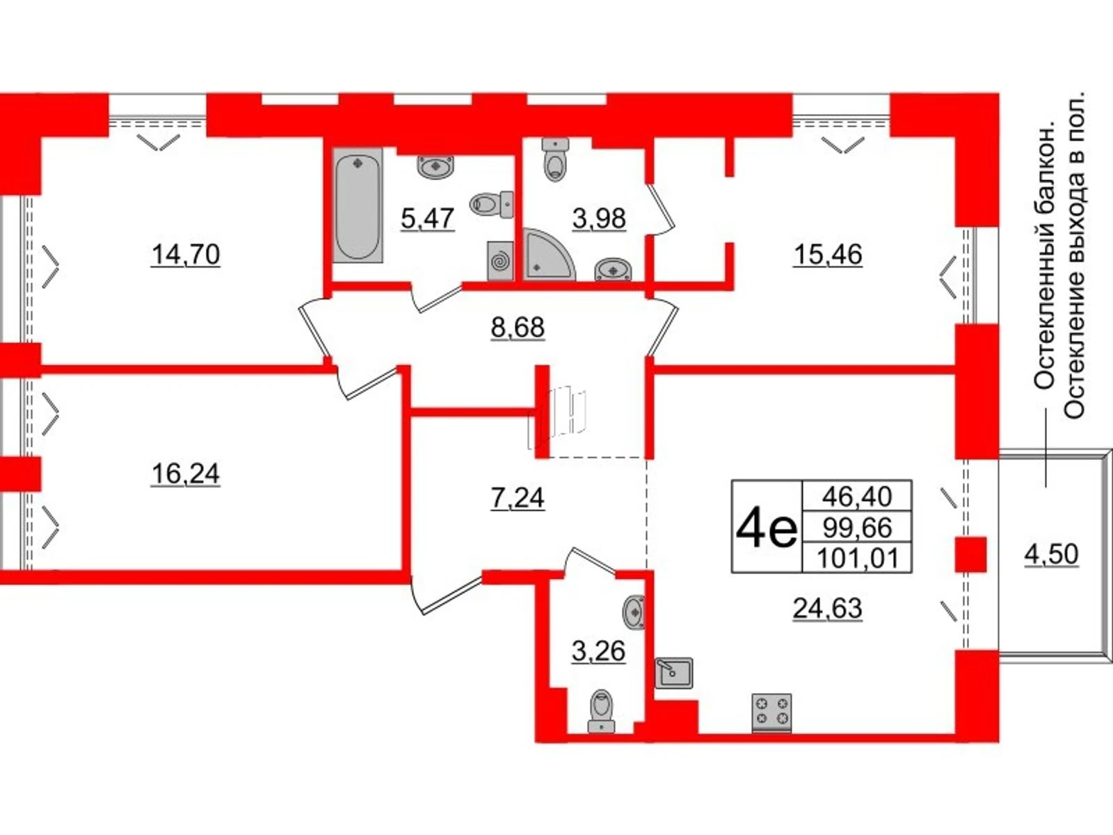 Планировка 4-комнатная 99,7 м² в жилом комплексе «Imperial Club» — Жилой комплекс Imperial Club