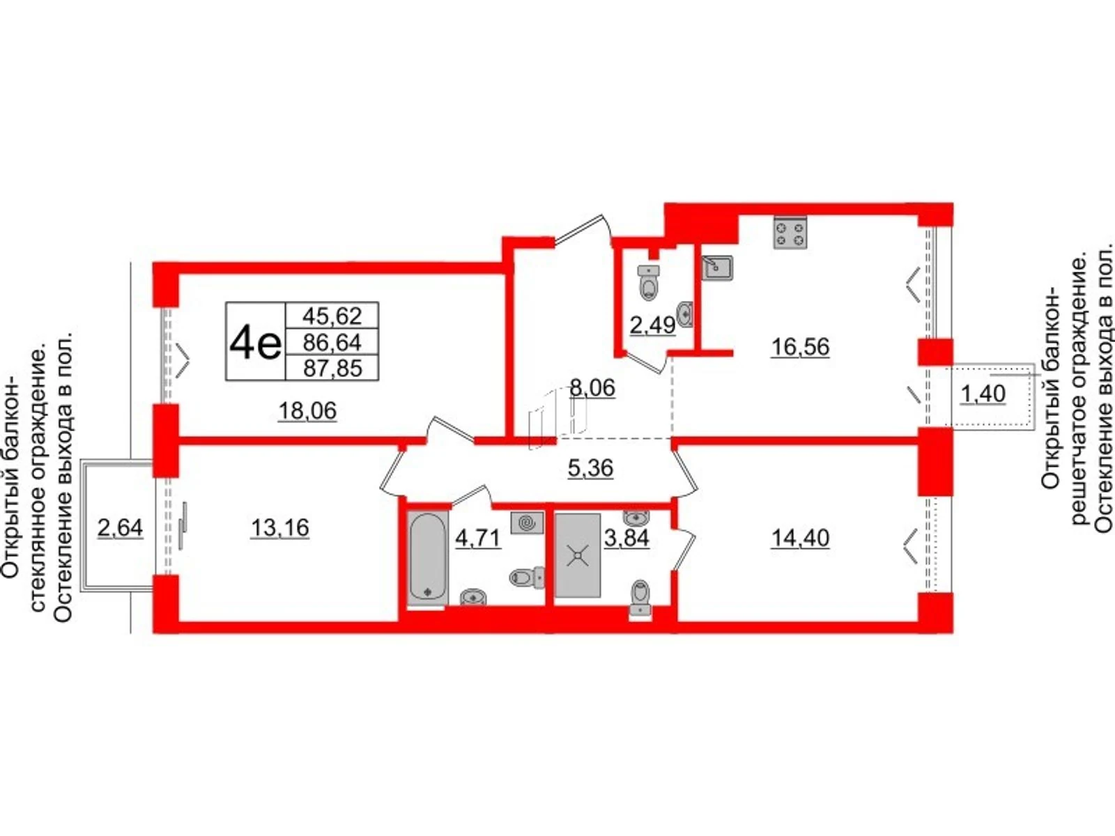 Планировка 4-комнатная 86,6 м² в жилом комплексе «Imperial Club» — Жилой комплекс Imperial Club