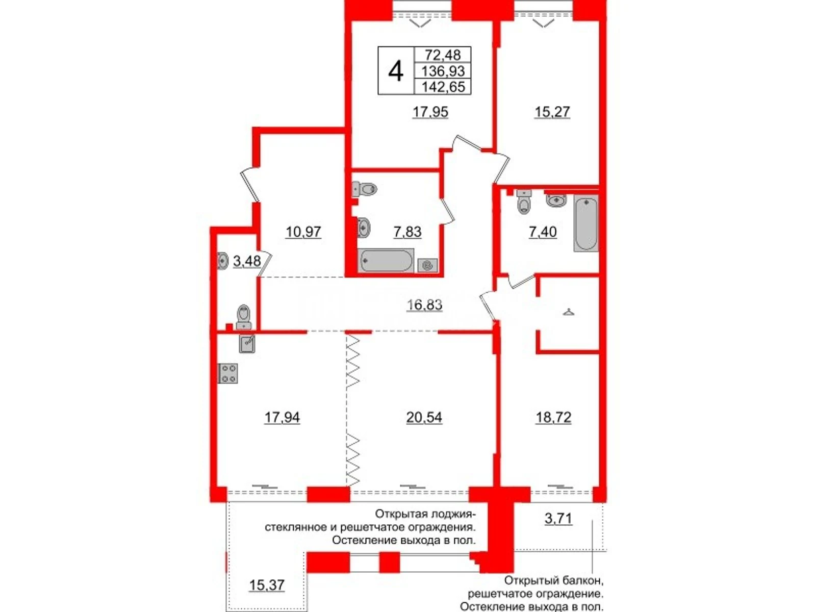 Планировка 4-комнатная 136,9 м² в жилом комплексе «Imperial Club» — Жилой комплекс Imperial Club