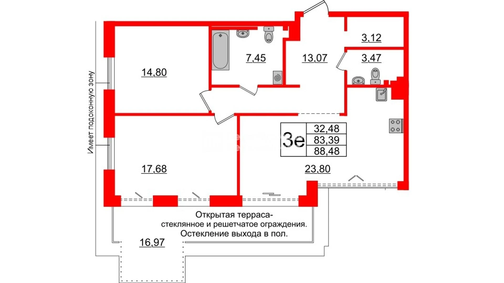 Планировка 3-комнатная 83,4 м² в жилом комплексе «Imperial Club» — Жилой комплекс Imperial Club