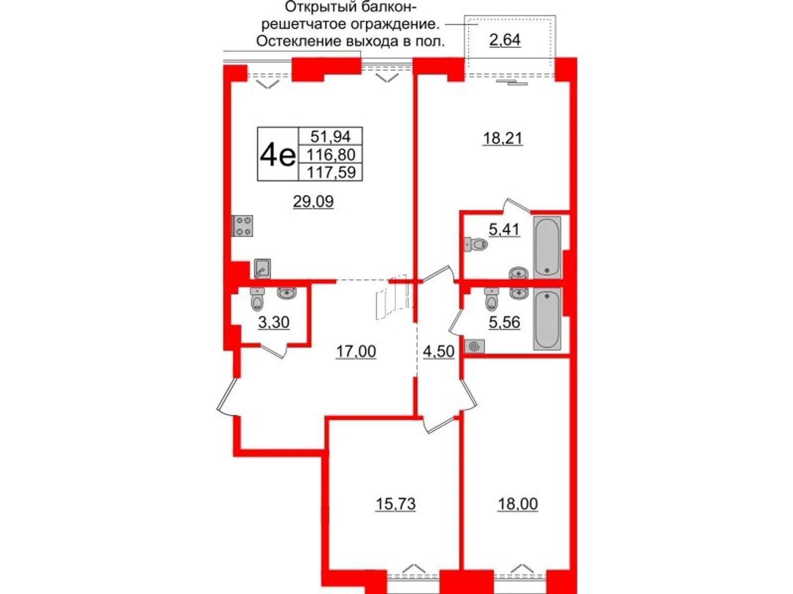 Планировка 4-комнатная 116,8 м² в жилом комплексе «Imperial Club» — Жилой комплекс Imperial Club