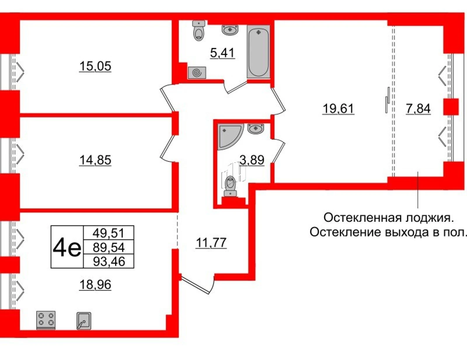 Планировка 4-комнатная 89,5 м² в жилом комплексе «Imperial Club» — Жилой комплекс Imperial Club