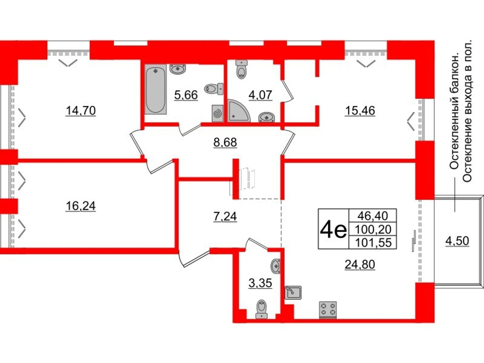 Планировка 4-комнатная 100,2 м² в жилом комплексе «Imperial Club» — Жилой комплекс Imperial Club