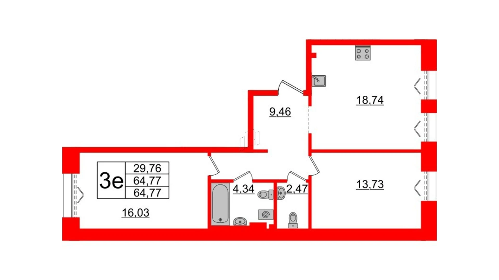 Планировка 3-комнатная 64,8 м² в жилом комплексе «Imperial Club» — Жилой комплекс Imperial Club