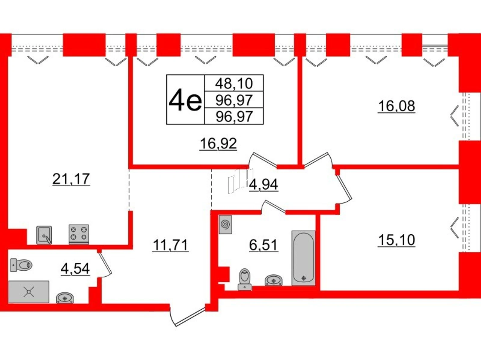 Планировка 4-комнатная 97 м² в жилом комплексе «Imperial Club» — Жилой комплекс Imperial Club